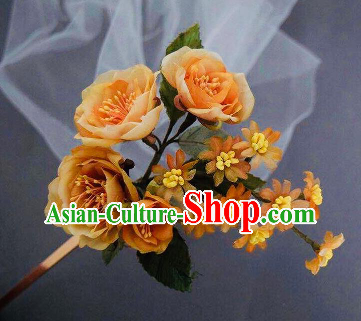 Chinese Handmade Ancient Palace Lady Hairpin Traditional Song Dynasty Orange Silk Flowers Hair Stick