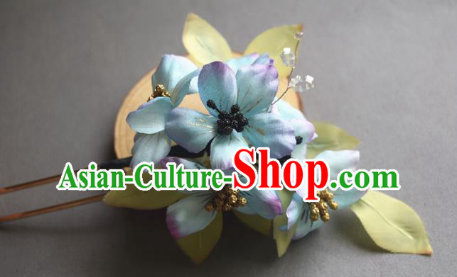 Chinese Classical Cheongsam Hairpin Traditional Hanfu Blue Silk Flowers Hair Stick