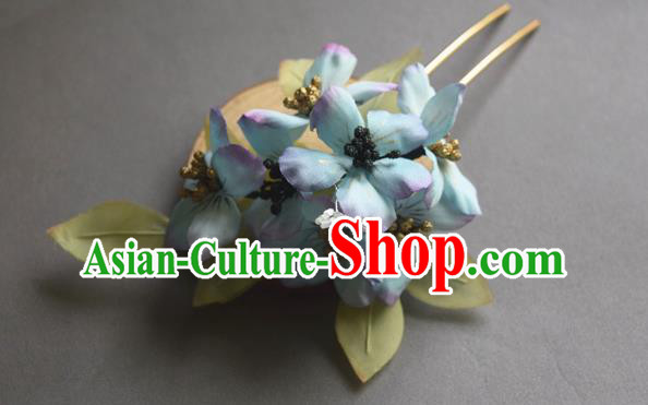 Chinese Classical Cheongsam Hairpin Traditional Hanfu Blue Silk Flowers Hair Stick