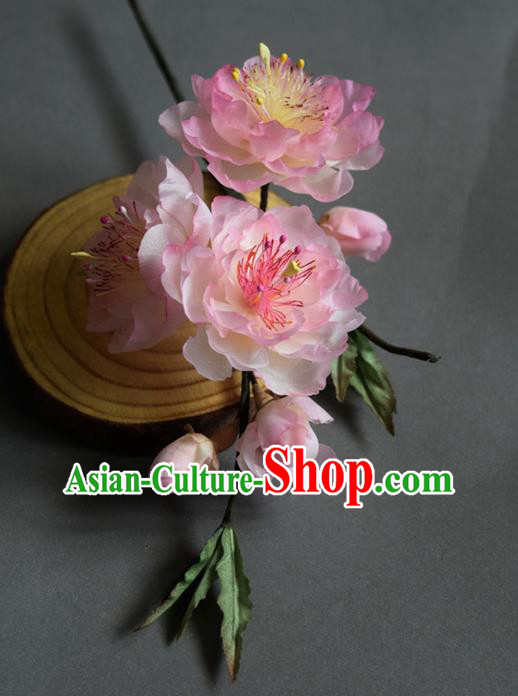 Chinese Handmade Cheongsam Hairpin Traditional Ming Dynasty Pink Silk Peach Blossom Hair Stick