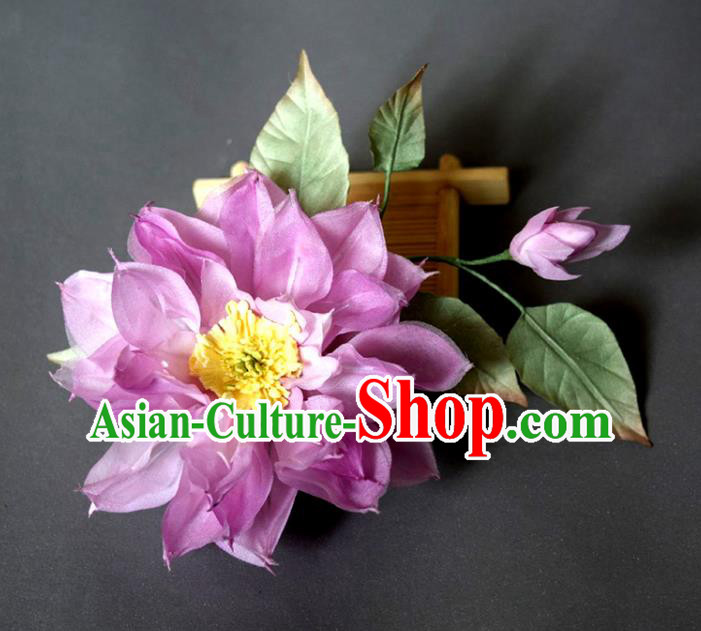 Chinese Ancient Young Beauty Hairpin Traditional Tang Dynasty Purple Silk Lotus Hair Stick