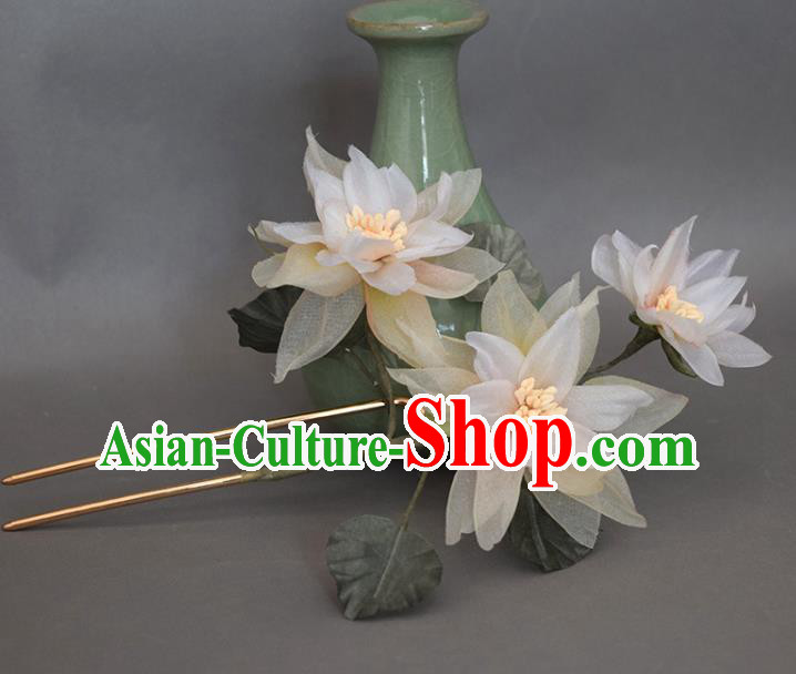 Chinese Ancient Palace Lady Hairpin Traditional Hanfu Champagne Silk Flowers Hair Stick