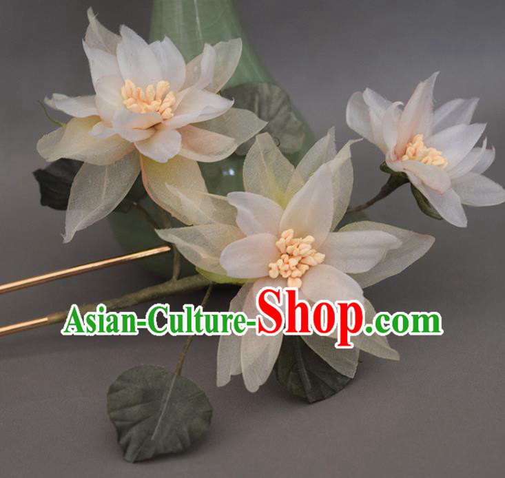 Chinese Ancient Palace Lady Hairpin Traditional Hanfu Champagne Silk Flowers Hair Stick