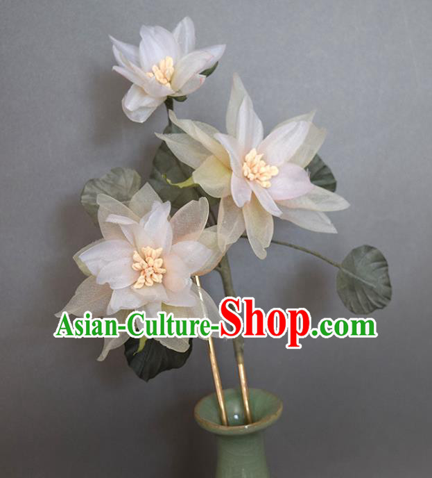 Chinese Ancient Palace Lady Hairpin Traditional Hanfu Champagne Silk Flowers Hair Stick