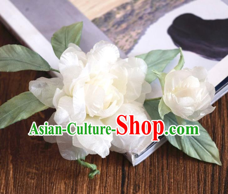 Chinese Handmade White Silk Gardenia Hairpin Traditional Qipao Dress Hair Stick