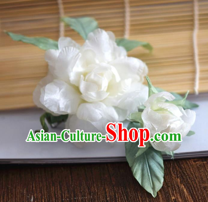 Chinese Handmade White Silk Gardenia Hairpin Traditional Qipao Dress Hair Stick