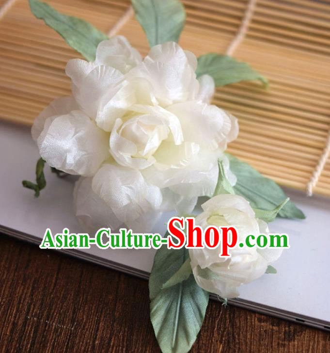 Chinese Handmade White Silk Gardenia Hairpin Traditional Qipao Dress Hair Stick