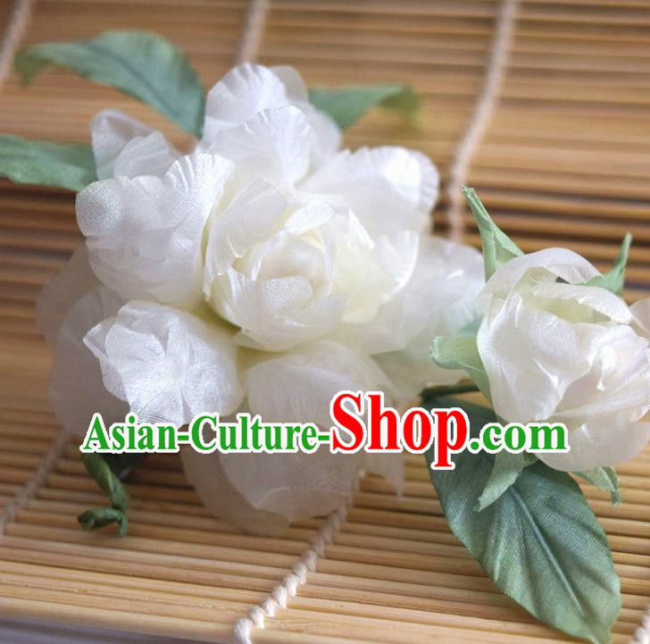 Chinese Handmade White Silk Gardenia Hairpin Traditional Qipao Dress Hair Stick