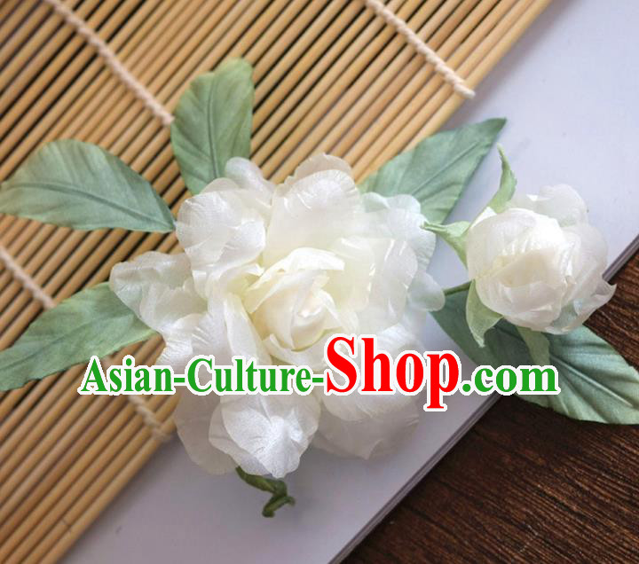 Chinese Handmade White Silk Gardenia Hairpin Traditional Qipao Dress Hair Stick