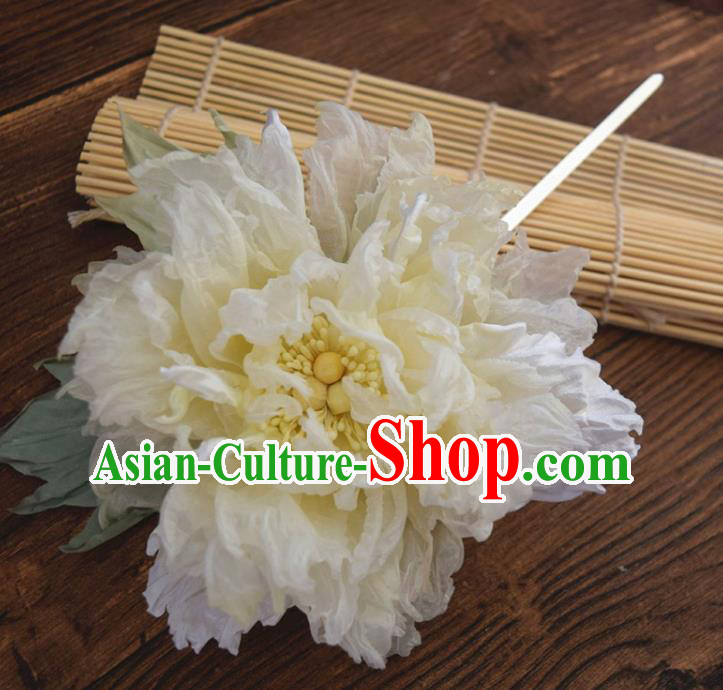Chinese Traditional Qipao Dress Hair Stick Handmade Light Yellow Silk Peony Hairpin