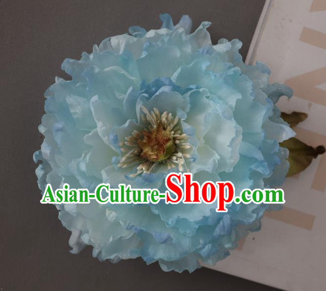 Chinese Traditional Ming Dynasty Blue Silk Peony Hair Stick Handmade Hair Accessories Cheongsam Hairpin