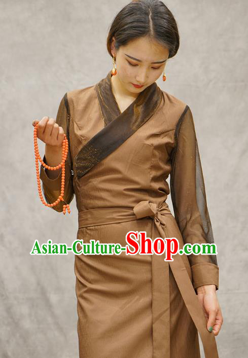 China Zang Nationality Woman Informal Clothing Tibetan Ethnic Brown Bola Dress
