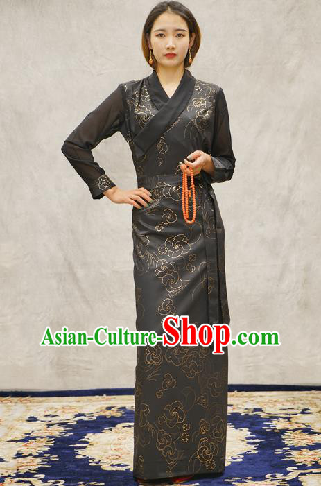 China Zang Nationality Female Informal Clothing Tibetan Ethnic Printing Grey Bola Dress