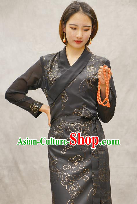 China Zang Nationality Female Informal Clothing Tibetan Ethnic Printing Grey Bola Dress