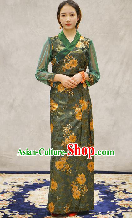 China Tibetan Ethnic Printing Flowers Green Dress Zang Nationality Woman Bola Clothing