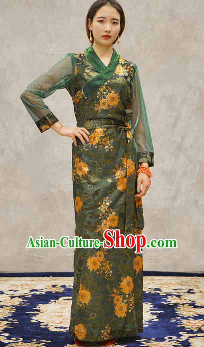 China Tibetan Ethnic Printing Flowers Green Dress Zang Nationality Woman Bola Clothing