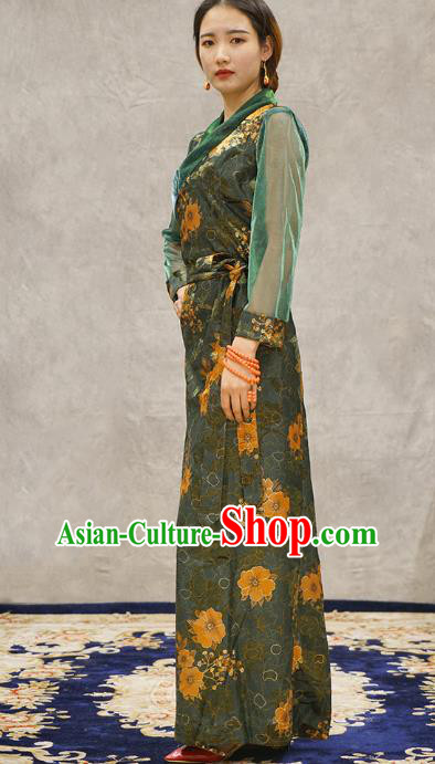 China Tibetan Ethnic Printing Flowers Green Dress Zang Nationality Woman Bola Clothing