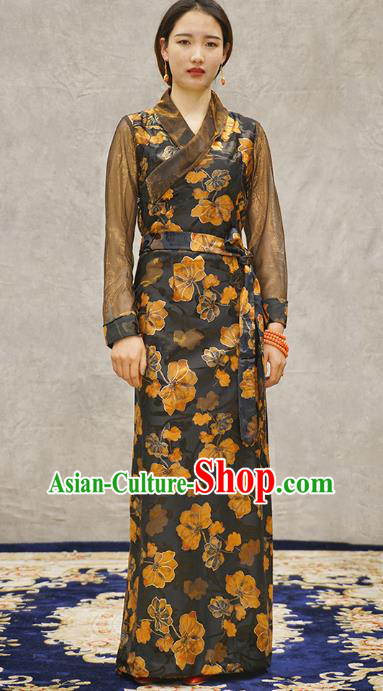 China Tibetan Ethnic Woman Dress Zang Nationality Printing Black Bola Clothing