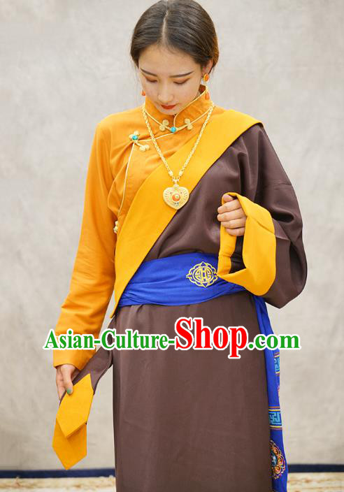 China Zang Nationality Kangba Clothing Brown Tibetan Robe Ethnic Woman Costume