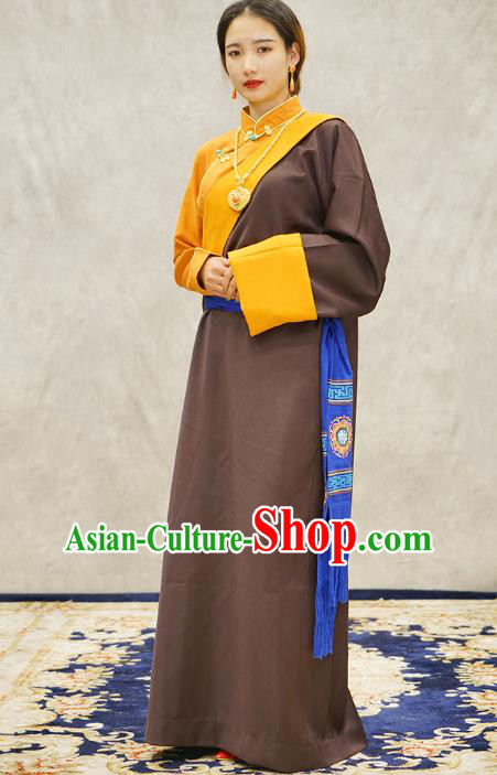 China Zang Nationality Kangba Clothing Brown Tibetan Robe Ethnic Woman Costume