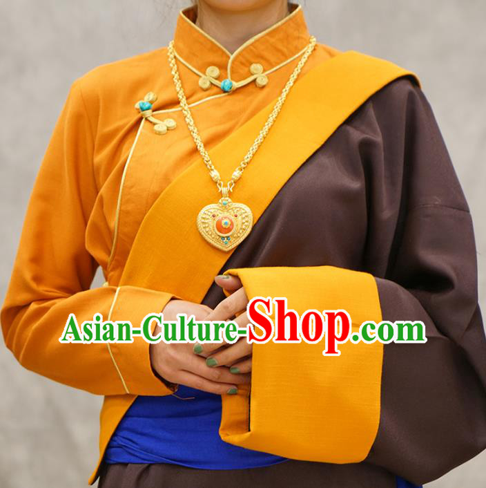 China Zang Nationality Kangba Clothing Brown Tibetan Robe Ethnic Woman Costume
