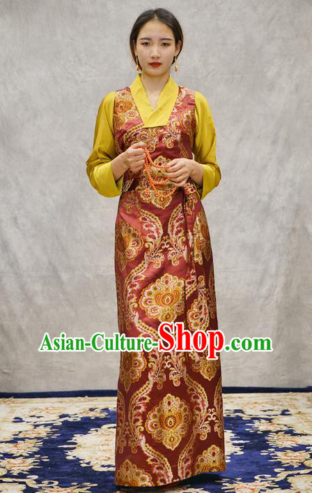 China Zang Nationality Red Brocade Bola Dress Clothing Tibetan Ethnic Woman Costume