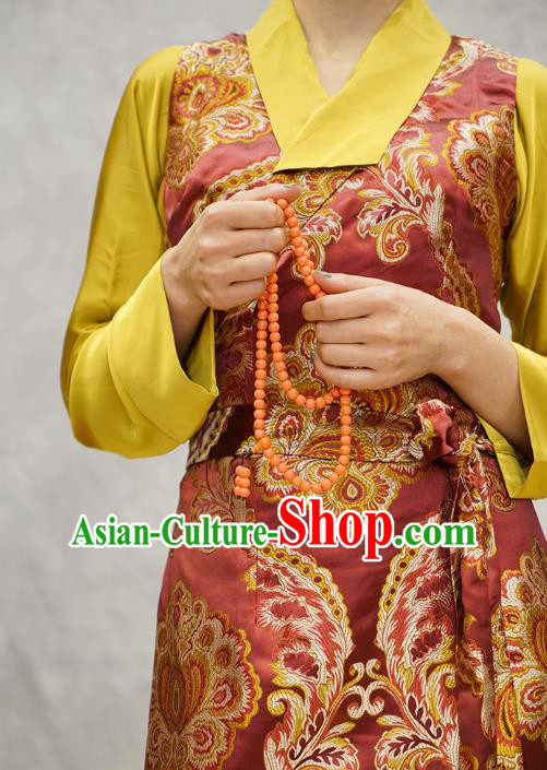 China Zang Nationality Red Brocade Bola Dress Clothing Tibetan Ethnic Woman Costume