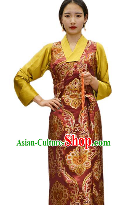 China Zang Nationality Red Brocade Bola Dress Clothing Tibetan Ethnic Woman Costume