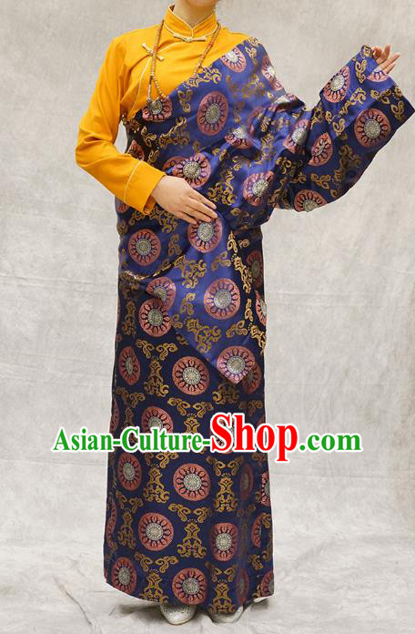 China Zang Nationality Clothing Ethnic Woman Stage Performance Costume Deep Blue Brocade Tibetan Robe