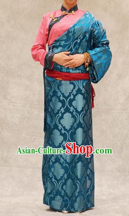 China Ethnic Woman Stage Performance Costume Blue Brocade Tibetan Robe Zang Nationality Clothing