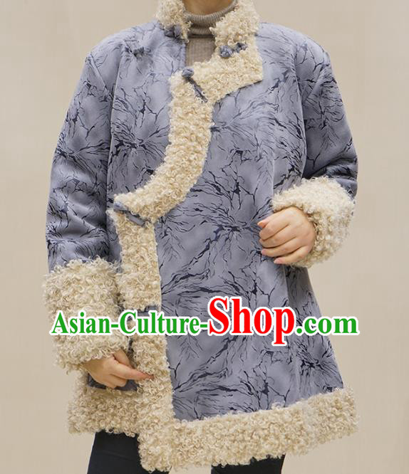 Chinese Tibetan Nationality Woman Outer Garment Winter Clothing Zang Minority Lilac Cotton Wadded Jacket