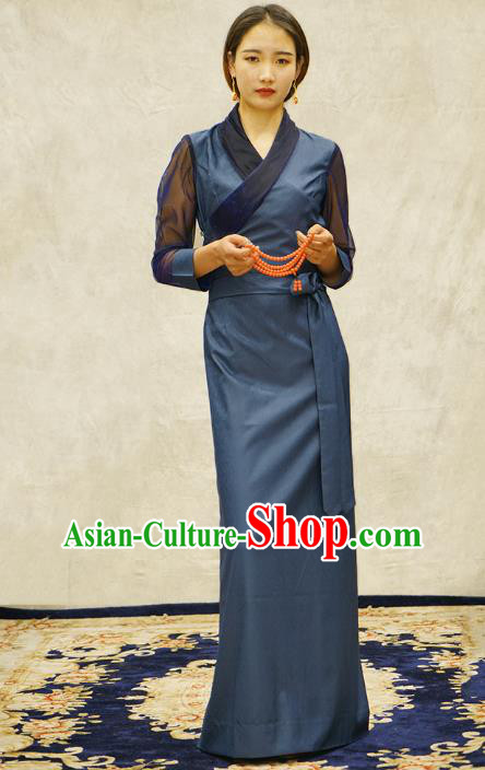 China Zang Nationality Bola Clothing Tibetan Ethnic Female Blue Dress