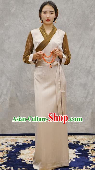 China Tibetan Ethnic Female Beige Dress Zang Nationality Bola Clothing