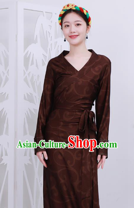 Chinese Zang Nationality Woman Clothing Tibetan Minority Rust Red Bola Dress Costume