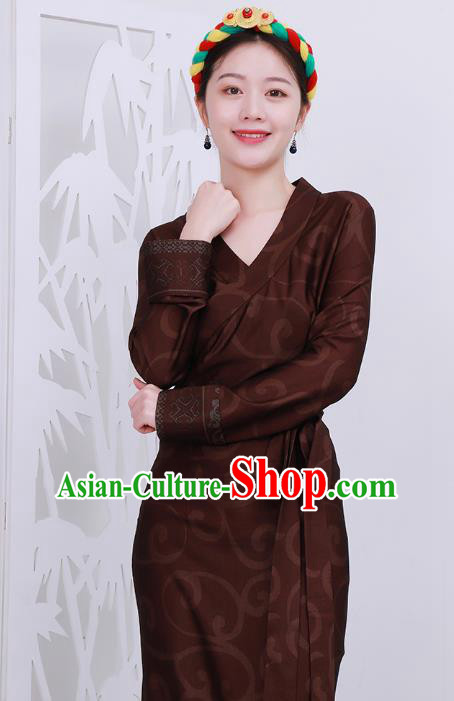 Chinese Zang Nationality Woman Clothing Tibetan Minority Rust Red Bola Dress Costume