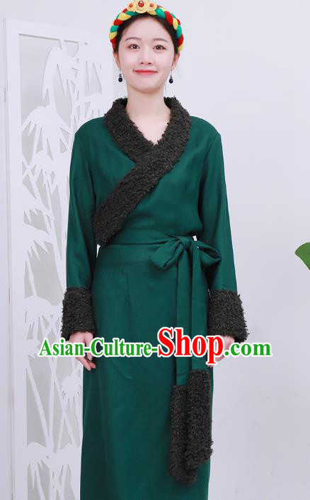 Chinese Tibetan Minority Green Woolen Bola Dress Costume Zang Nationality Woman Winter Clothing