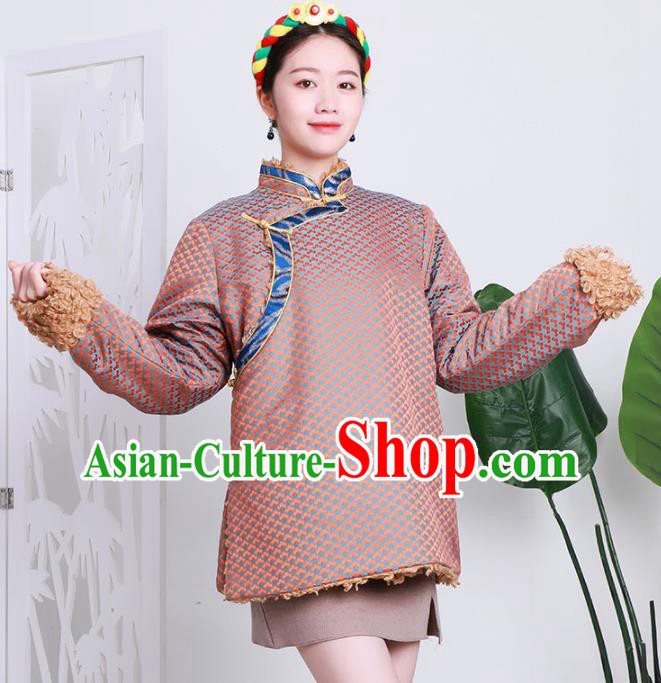 Chinese Tibetan Minority Pink Brocade Cotton Wadded Jacket Costume Zang Nationality Woman Winter Outer Garment Clothing