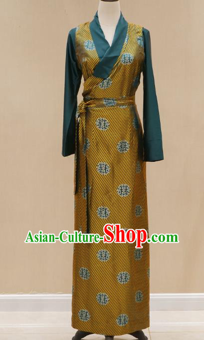 China Zang Nationality Golden Brocade Bola Dress Clothing Tibetan Ethnic Woman Stage Performance Costume