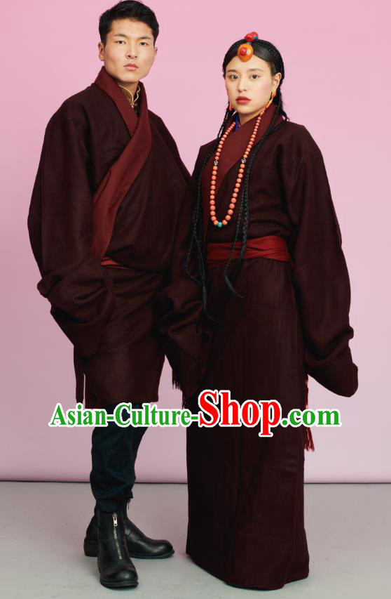 China Tibetan Ethnic Woolen Robe Costume Zang Nationality Folk Dance Clothing