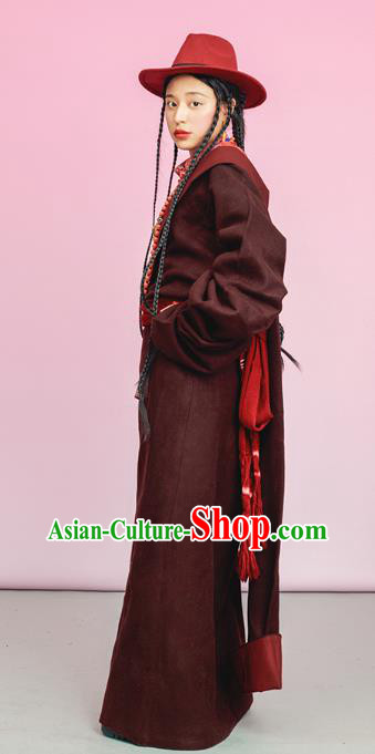 China Tibetan Ethnic Woolen Robe Costume Zang Nationality Folk Dance Clothing