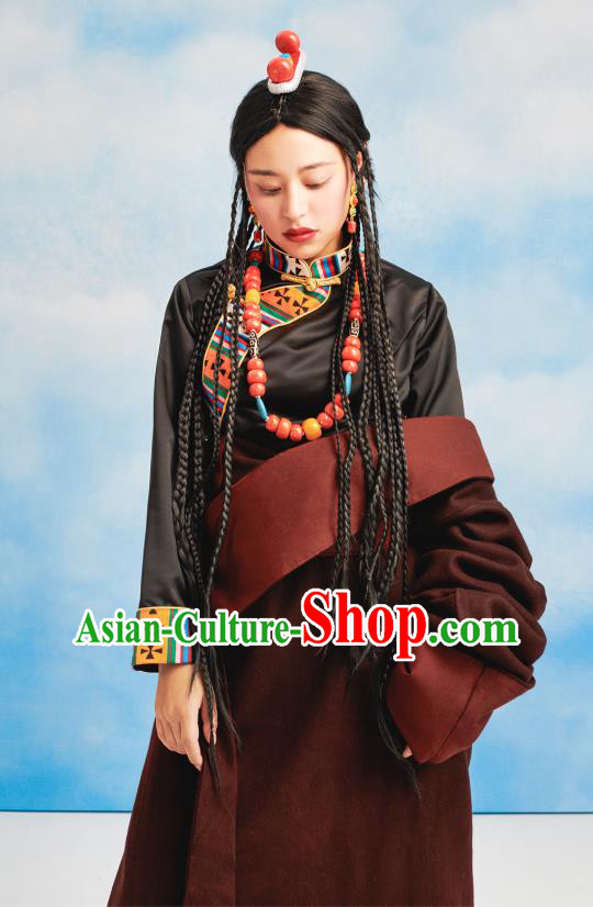 China Tibetan Ethnic Woolen Robe Costume Zang Nationality Folk Dance Clothing