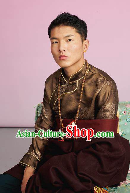 Chinese Zang Nationality Upper Outer Garment Clothing Tibetan Ethnic Male Brown Brocade Shirt