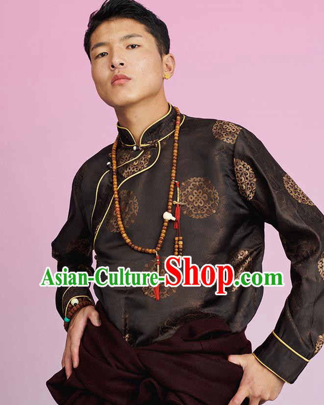 Chinese Zang Nationality Upper Outer Garment Clothing Tibetan Ethnic Male Brown Brocade Shirt