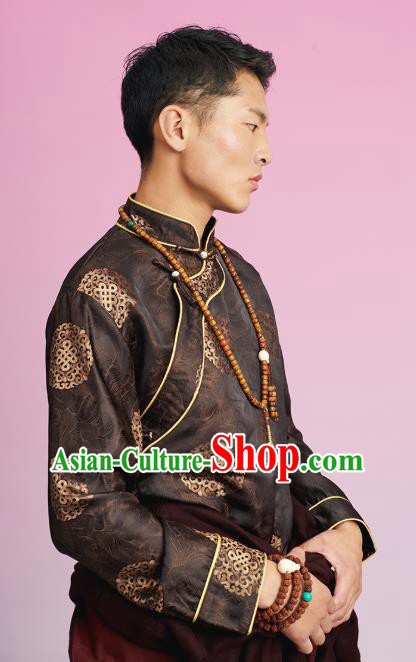 Chinese Zang Nationality Upper Outer Garment Clothing Tibetan Ethnic Male Brown Brocade Shirt