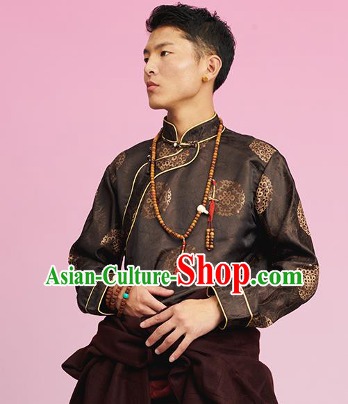 Chinese Tibetan Ethnic Male Deep Brown Brocade Shirt Zang Nationality Upper Outer Garment Clothing