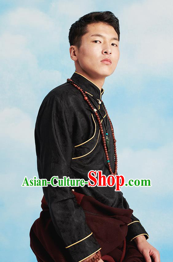 Chinese Zang Nationality Upper Outer Garment Clothing Tibetan Ethnic Black Brocade Shirt for Men