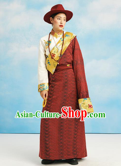 China Zang Nationality Kangba Clothing Tibetan Ethnic Dark Red Robe Costume