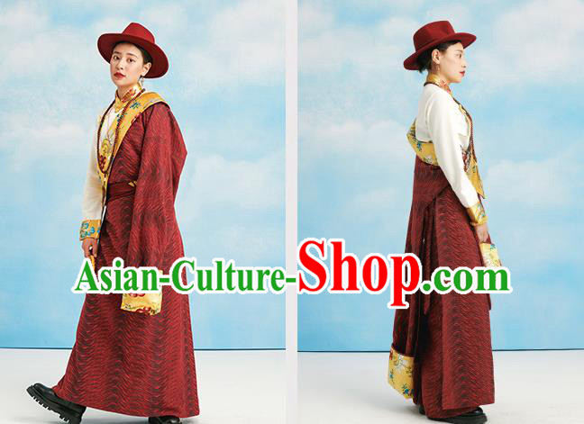 China Zang Nationality Kangba Clothing Tibetan Ethnic Dark Red Robe Costume