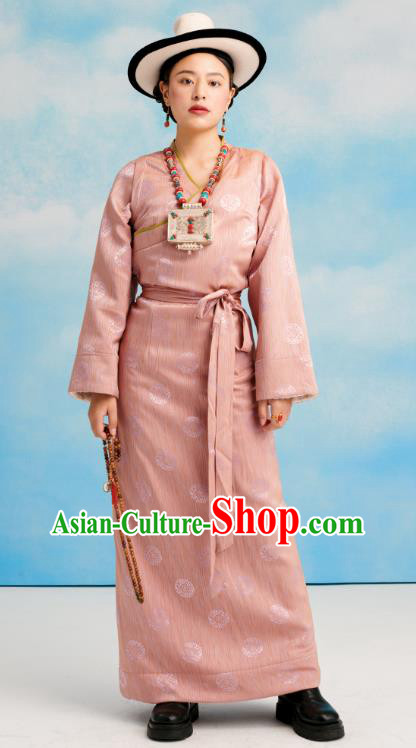 China Zang Nationality Pink Bola Dress Clothing Tibetan Ethnic Folk Dance Costume