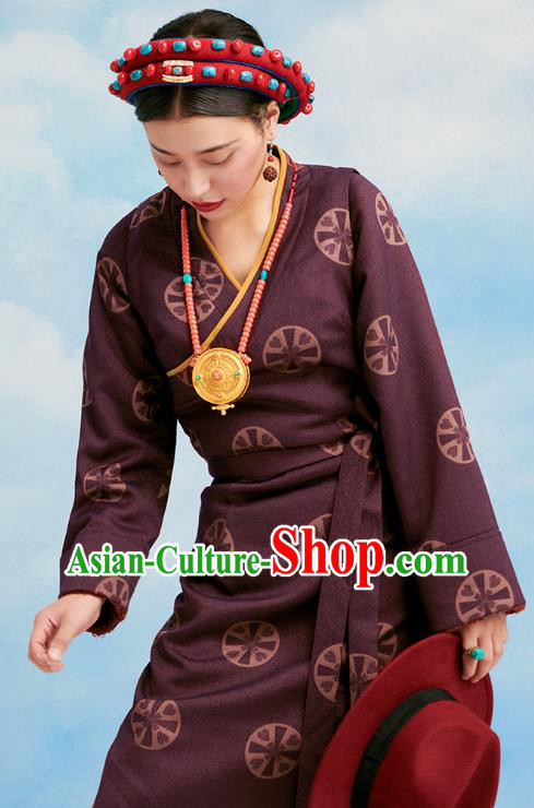 China Tibetan Ethnic Folk Dance Costume Zang Nationality Purple Bola Dress Clothing